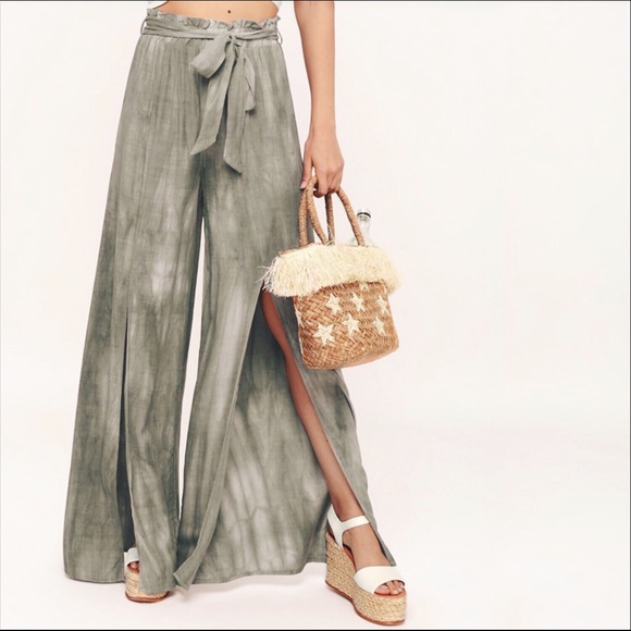 Slit Pants Wide Leg Acid Wash Front Slit Silky - Picture 2 of 7